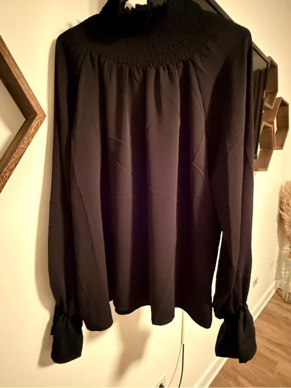 Patrizia Luca Black Smocked-Neck Long Sleeve Blouse